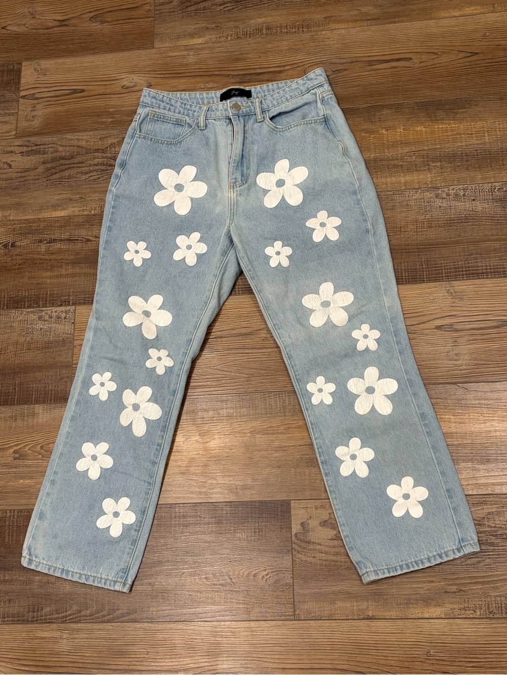 Light Blue Straight-Leg Jeans with White Floral Appliqués